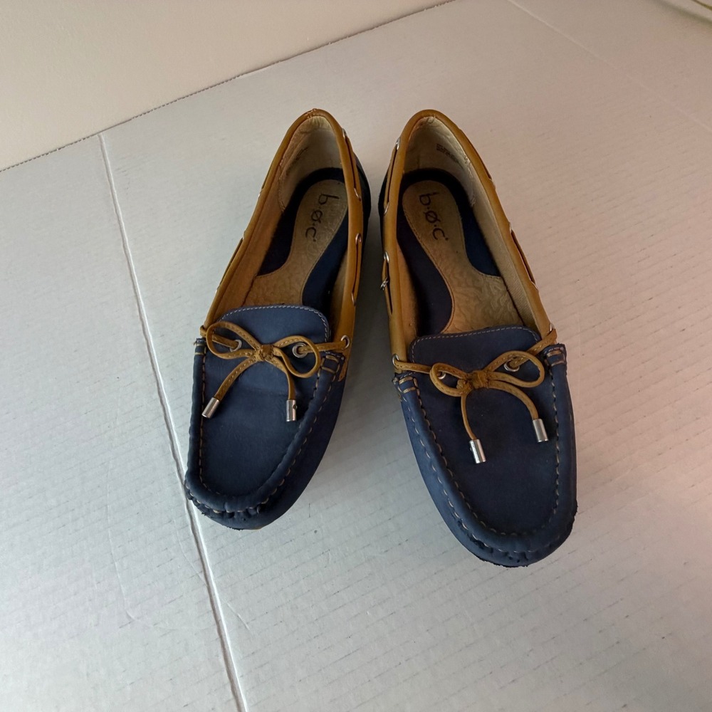 BOC Faux Blue Leather Brown Boat Shoes w/Tie Women's 8M Casual Preppy Travel